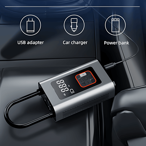 3-in-1 Portable Electric Air Compressor & Power Bank with LED Light - P99 - Vroom.pk